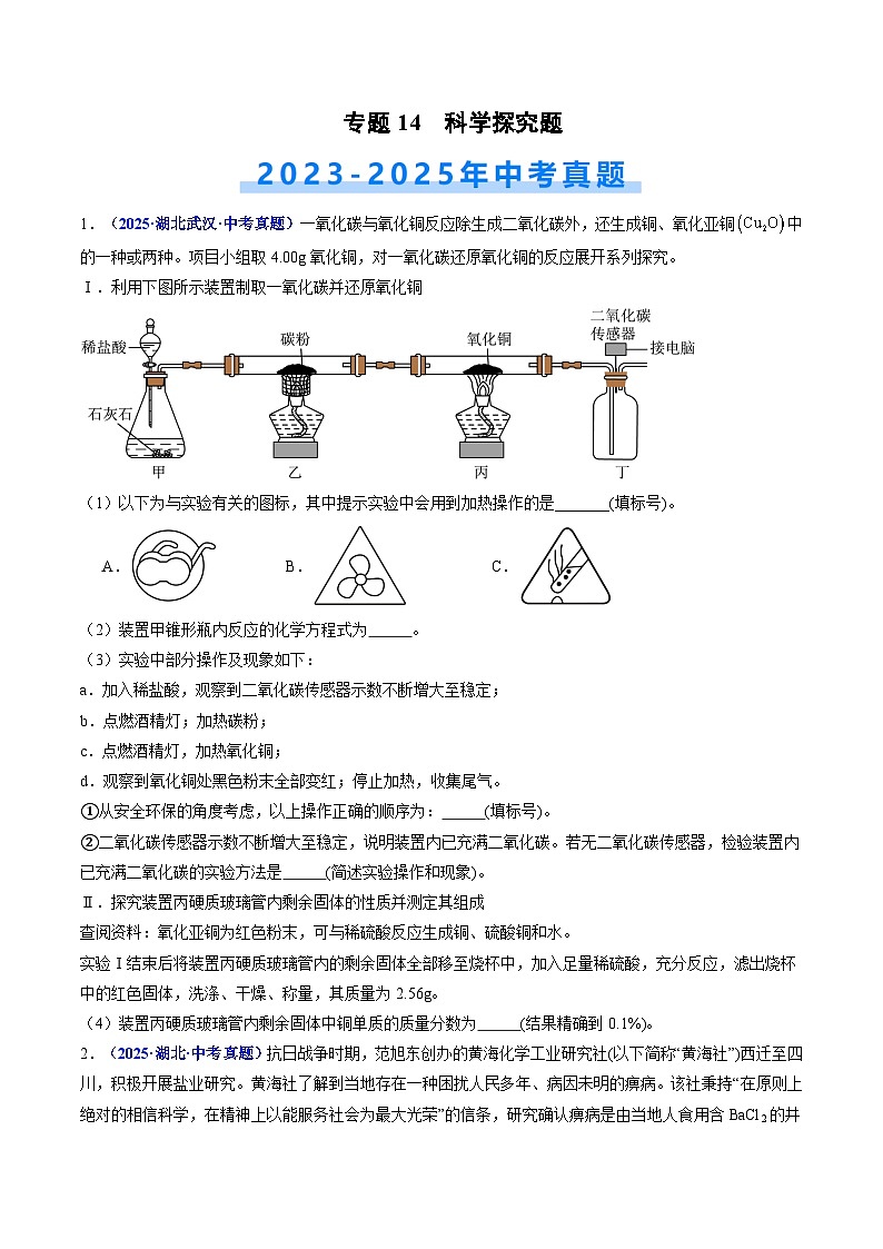 专题14 科学探究题（原卷版）【好题汇编】三年（2023-2025）中考化学真题分类汇编 （湖北专用）第1页