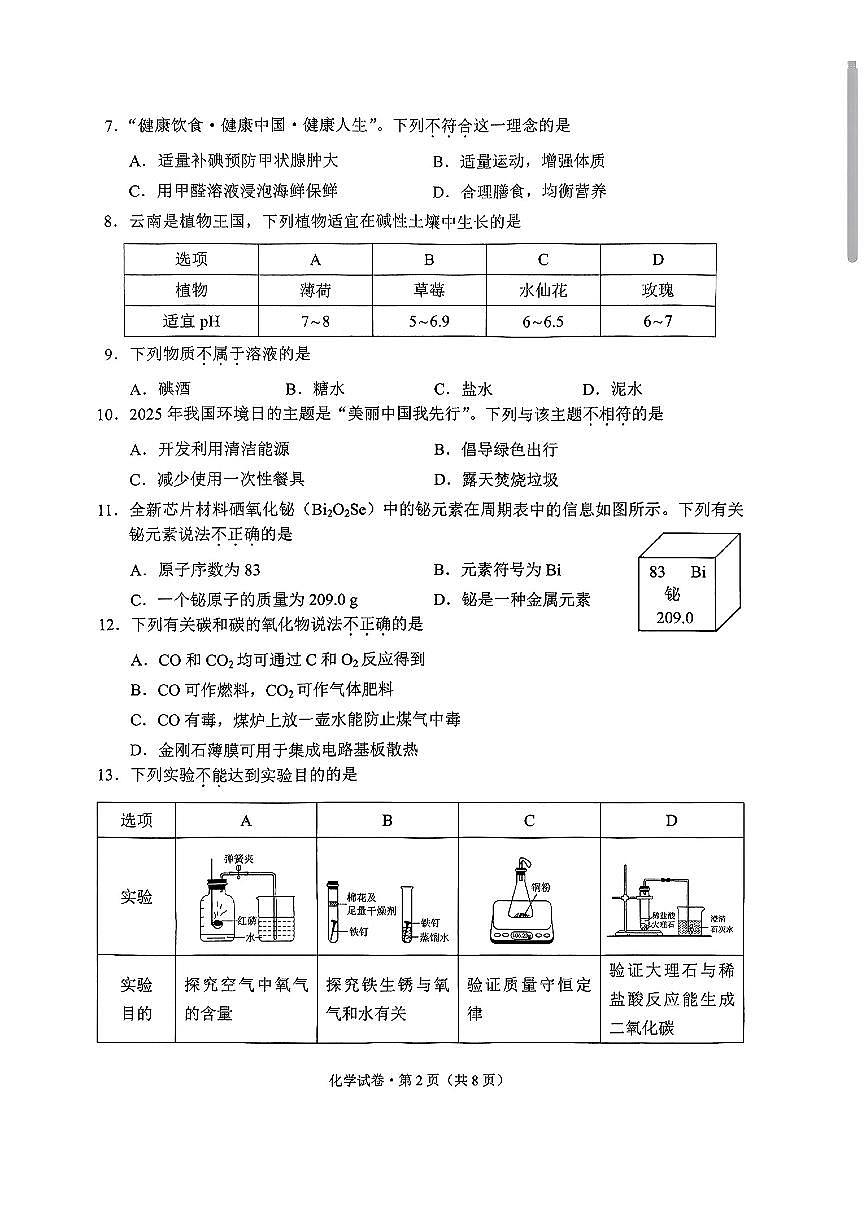 2025年云南省初中学业水平考试化学试题卷（无答案）第2页