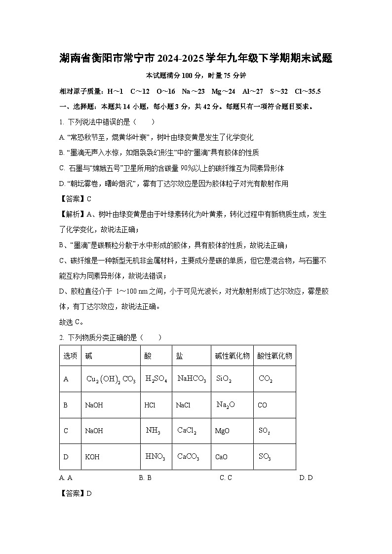湖南省衡阳市常宁市2024-2025学年九年级下学期期末化学试题（解析版）第1页