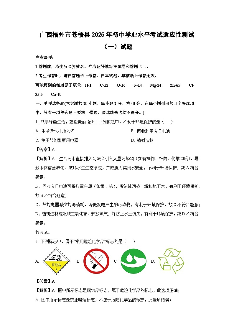 广西梧州市苍梧县2025年初中学业水平考试适应性测试（一） 化学试题（解析版）第1页