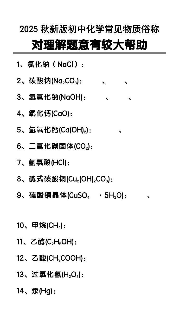 【2025秋新版】初中化学常见物质俗称知识清单第1页
