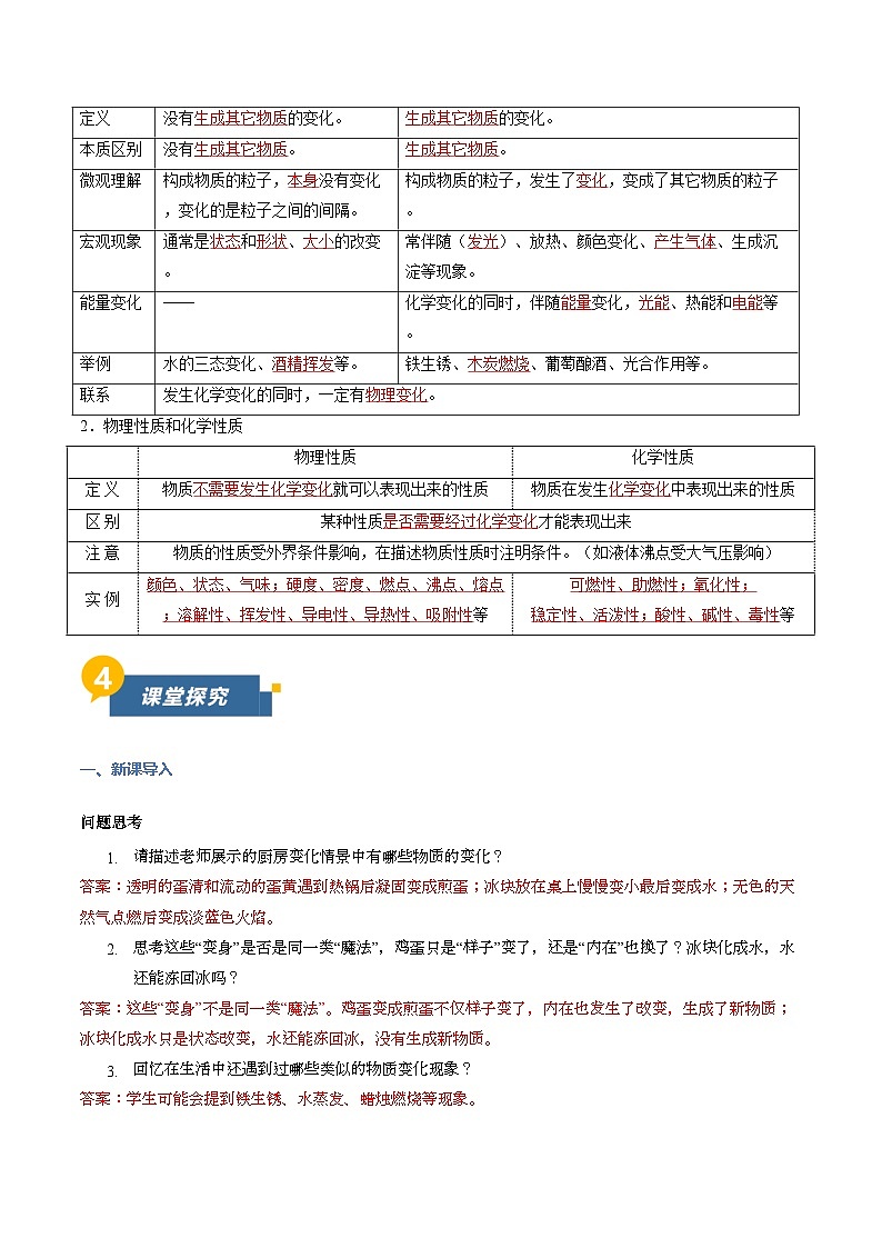 课题1 开启化学之门 第1课时 物质的变化和性质（导学案）化学沪科版五四学制2024八年级全一册（解析版）第2页