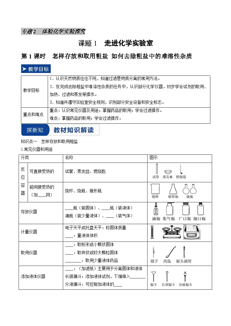 课题1 走进化学实验室 第1课时 怎样存放和取用粗盐 如何去除粗盐中的难溶性杂质（同步讲义）（原卷版）第1页