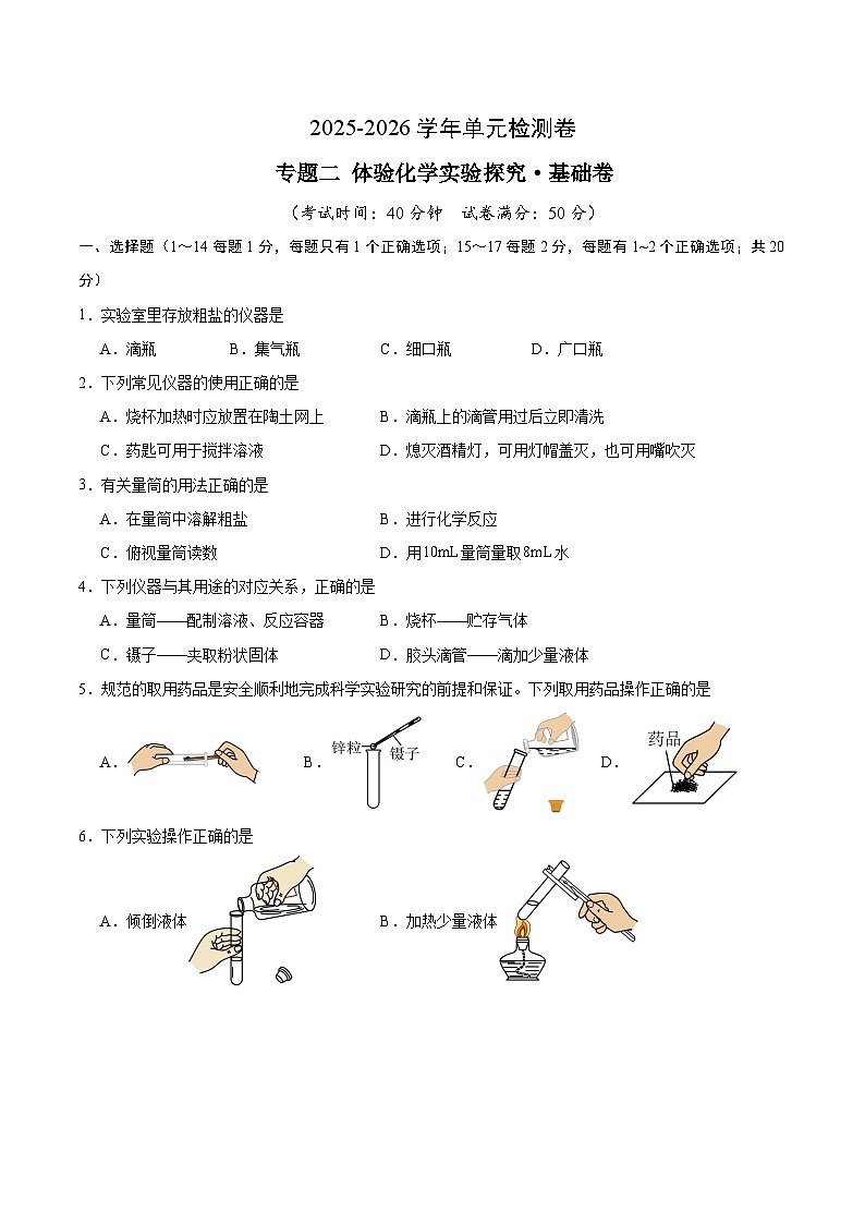 专题二   体验化学实验探究（沪科版）（考试版A4）第1页