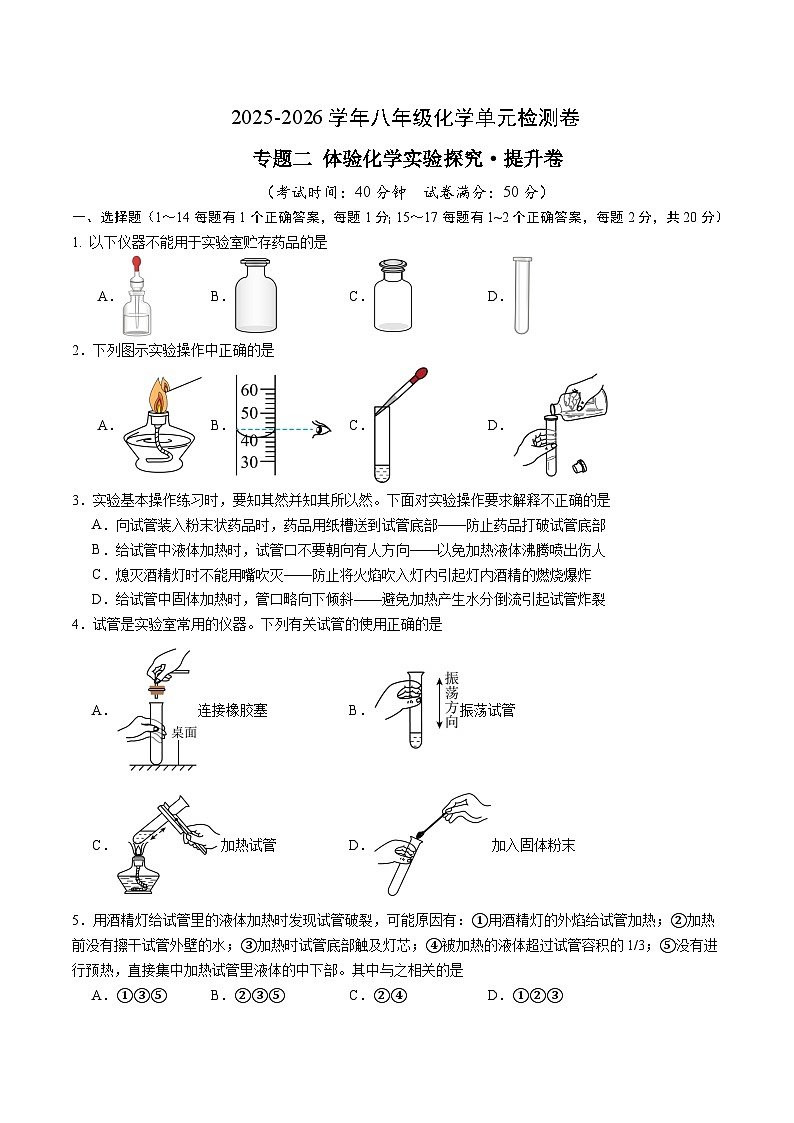 专题二  体验化学实验探究·提升卷（沪科版九年级）（考试版A4）第1页