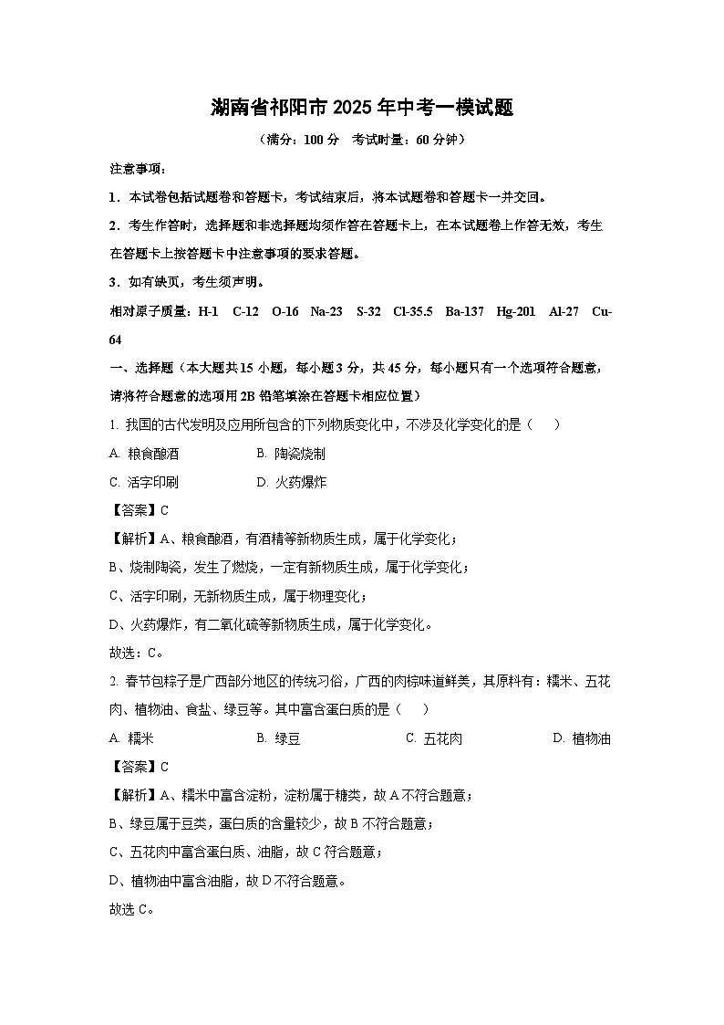 湖南省祁阳市2025年中考一模化学试题（解析版）第1页