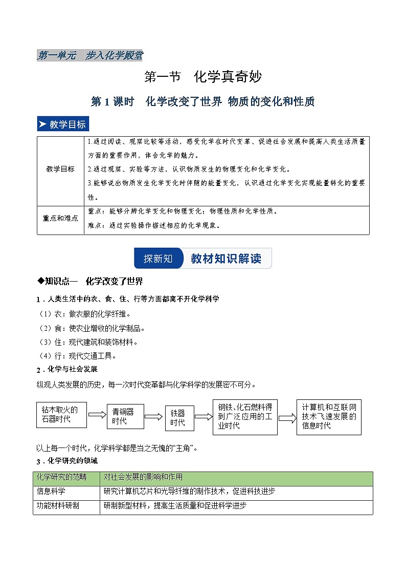 第一节 化学真奇妙 第1课时 化学改变了世界 物质的变化和性质（同步讲义）（解析版）第1页