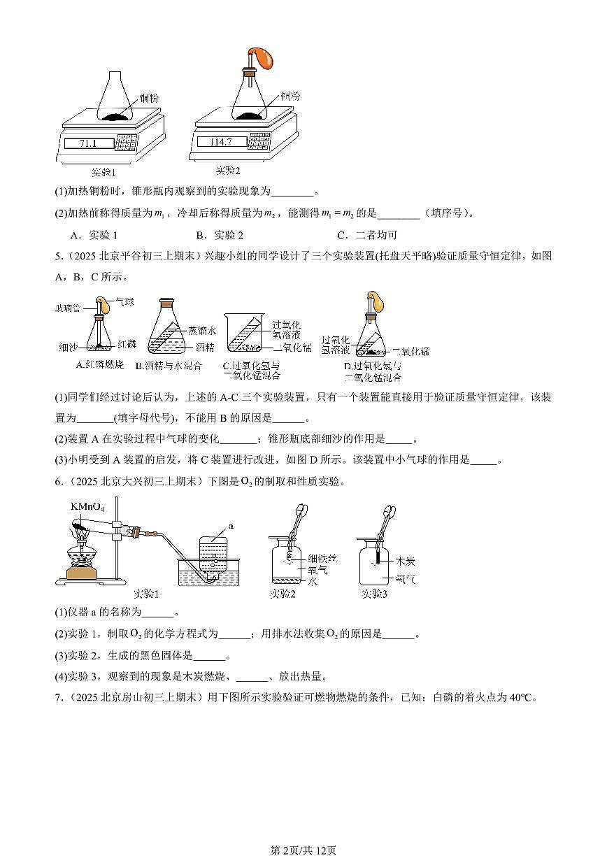 2025北京初三（上）期末化学汇编：再识化学变化章节综合（北京版）（实验题） 有答案解析第2页