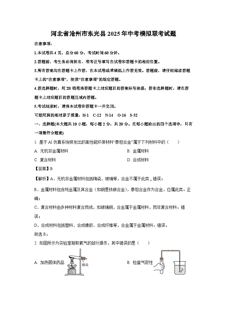 河北省沧州市东光县2025年中考模拟联考化学试题（解析版）第1页