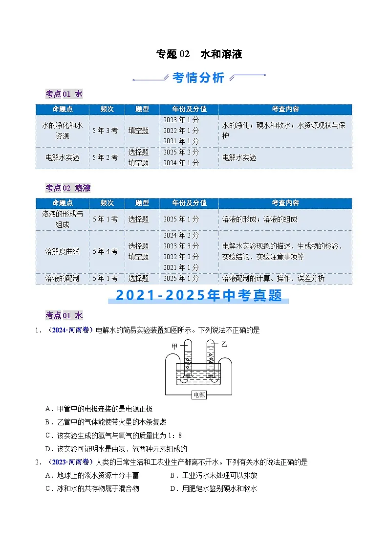 专题02 水和溶液（原卷版）第1页