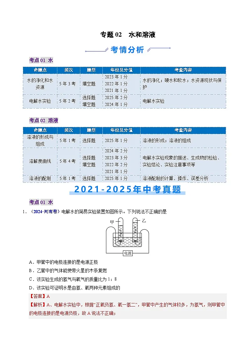 专题02 水和溶液（解析版）第1页