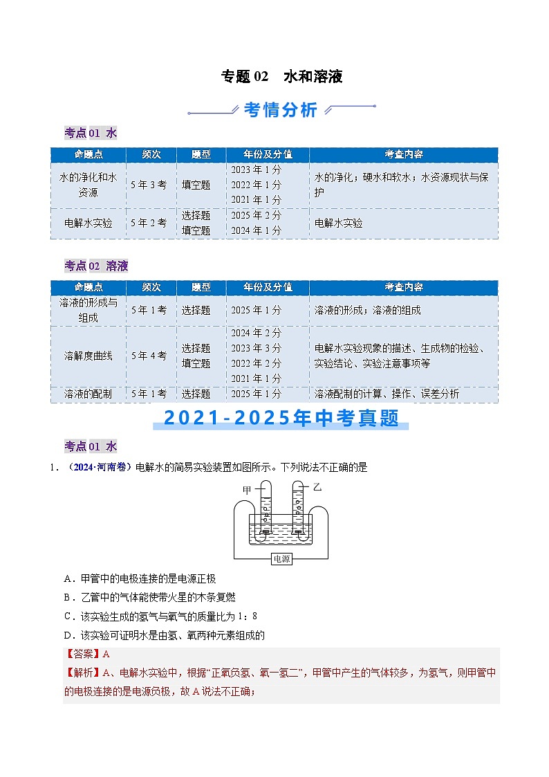 专题02 水和溶液（解析版）第1页