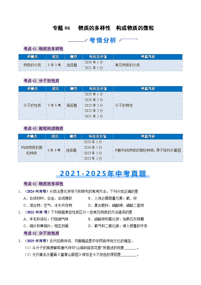 专题06 物质的多样性 构成物质的微粒（原卷版）第1页
