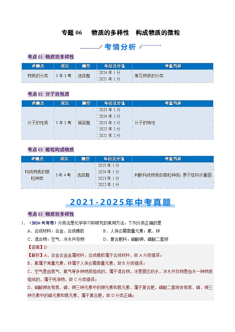 专题06 物质的多样性 构成物质的微粒（解析版）第1页