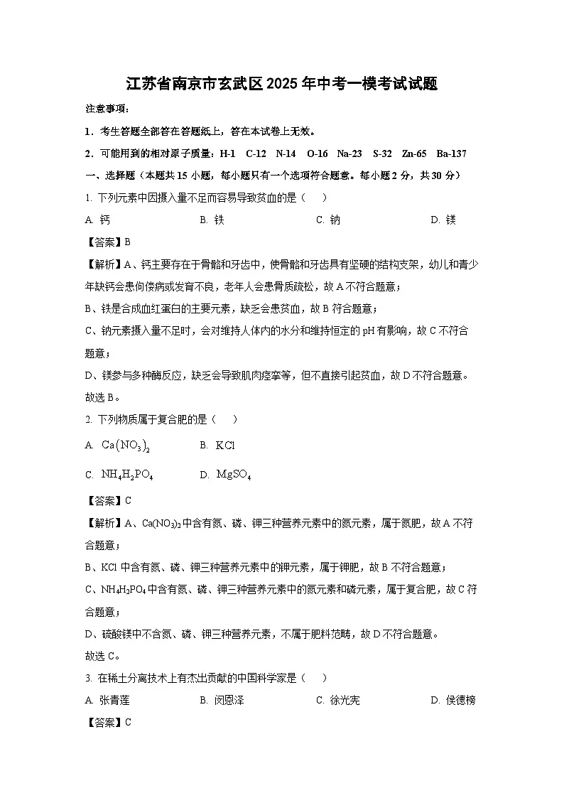 江苏省南京市玄武区2025年中考一模考试化学试题（解析版）第1页