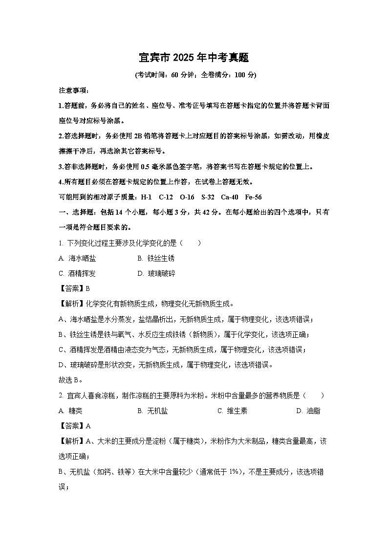 宜宾市2025年中考真题化学试题（解析版）第1页