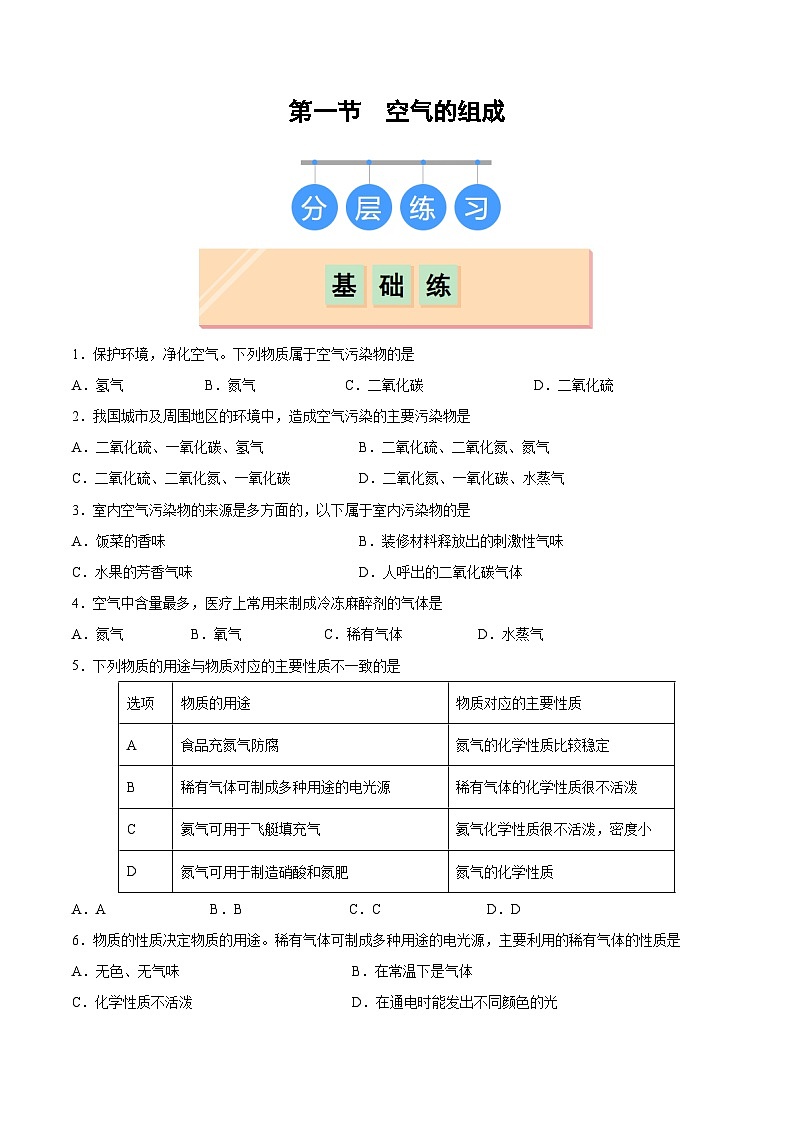 鲁教版2024九年级化学上册第一节 空气的组成（分层练习）（原卷版） 第1页