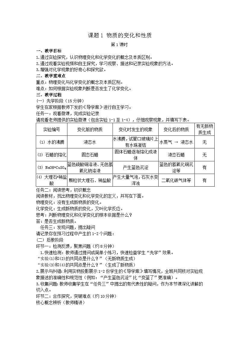 人教版（2024）九年级上册化学 课题1 物质的变化和性质（第1课时）教案第1页