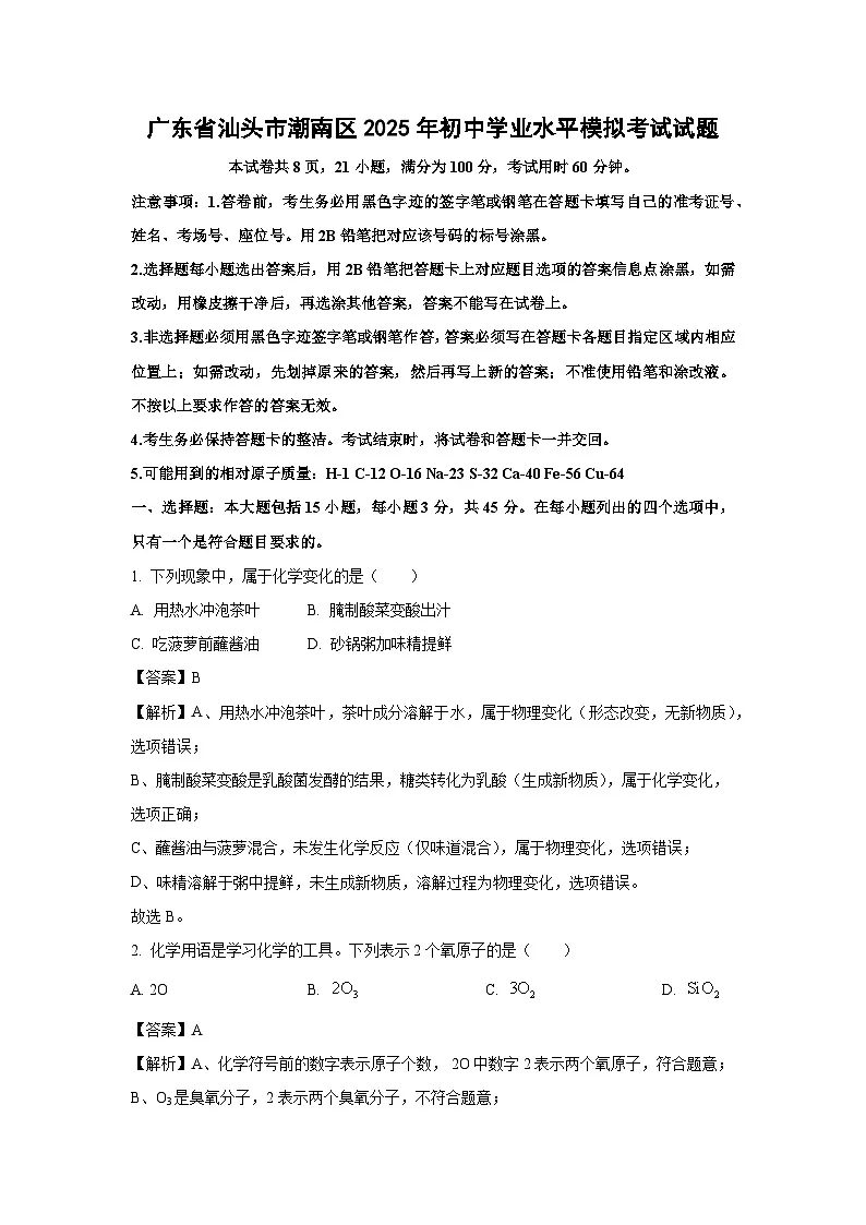 广东省汕头市潮南区2025年初中学业水平模拟考试化学试题（解析版）第1页