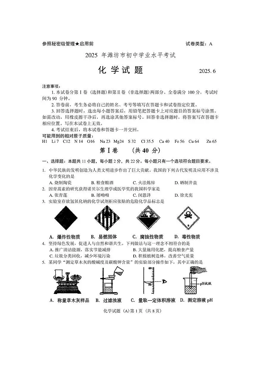 2025年山东省潍坊市中考化学试题卷（含答案及解析）第1页
