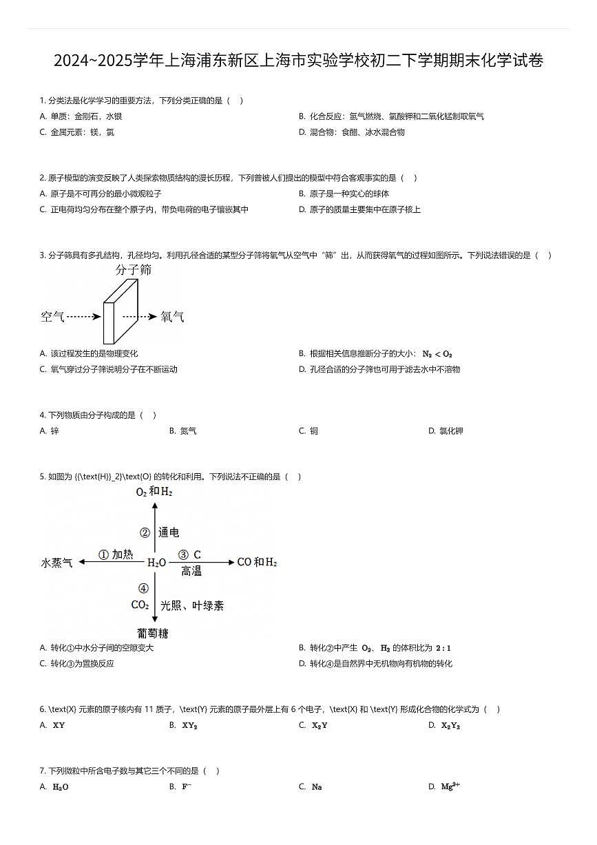 2024~2025学年上海浦东新区上海市实验学校初二下学期期末化学试卷（有答案解析）第1页