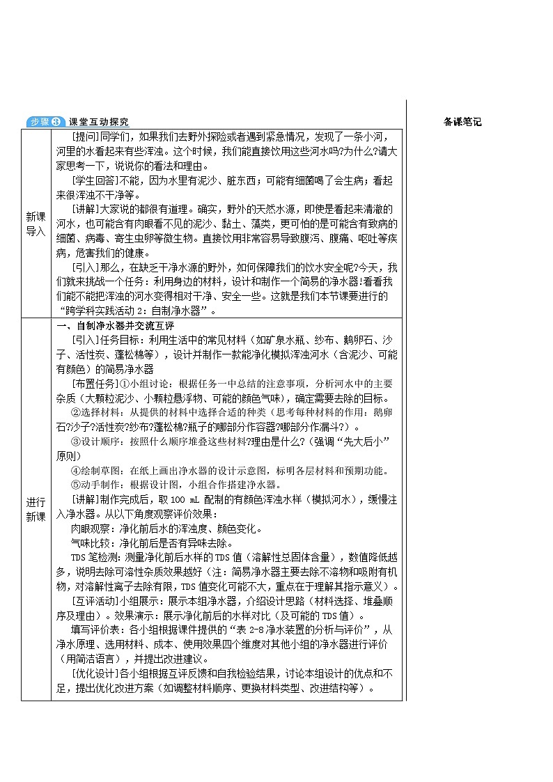 跨学科实践活动2 自制净水器 （表格式教案）---2025-2026学年九年级化学沪教版（2024）上册第2页