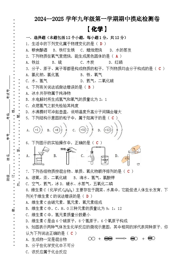 2024--2025学年九年级第一学期 【化学】期中摸底检测卷（含答案）第1页