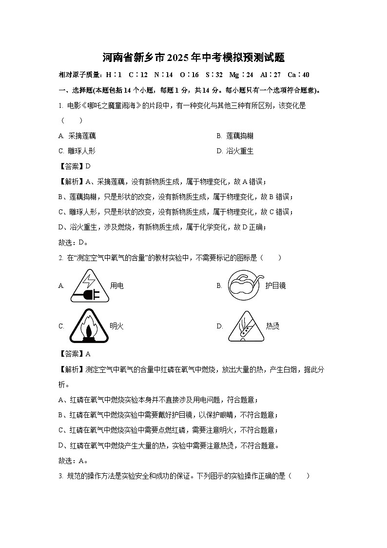 河南省新乡市2025年中考模拟预测化学试卷（解析版）第1页