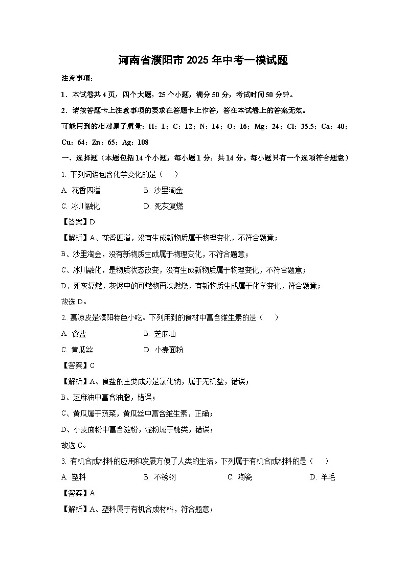 河南省濮阳市2025年中考一模化学试卷（解析版）第1页