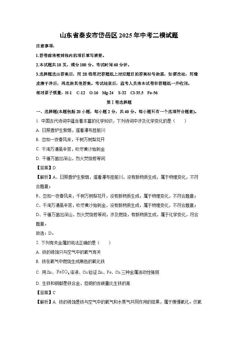 山东省泰安市岱岳区2025年中考二模化学试卷（解析版）第1页