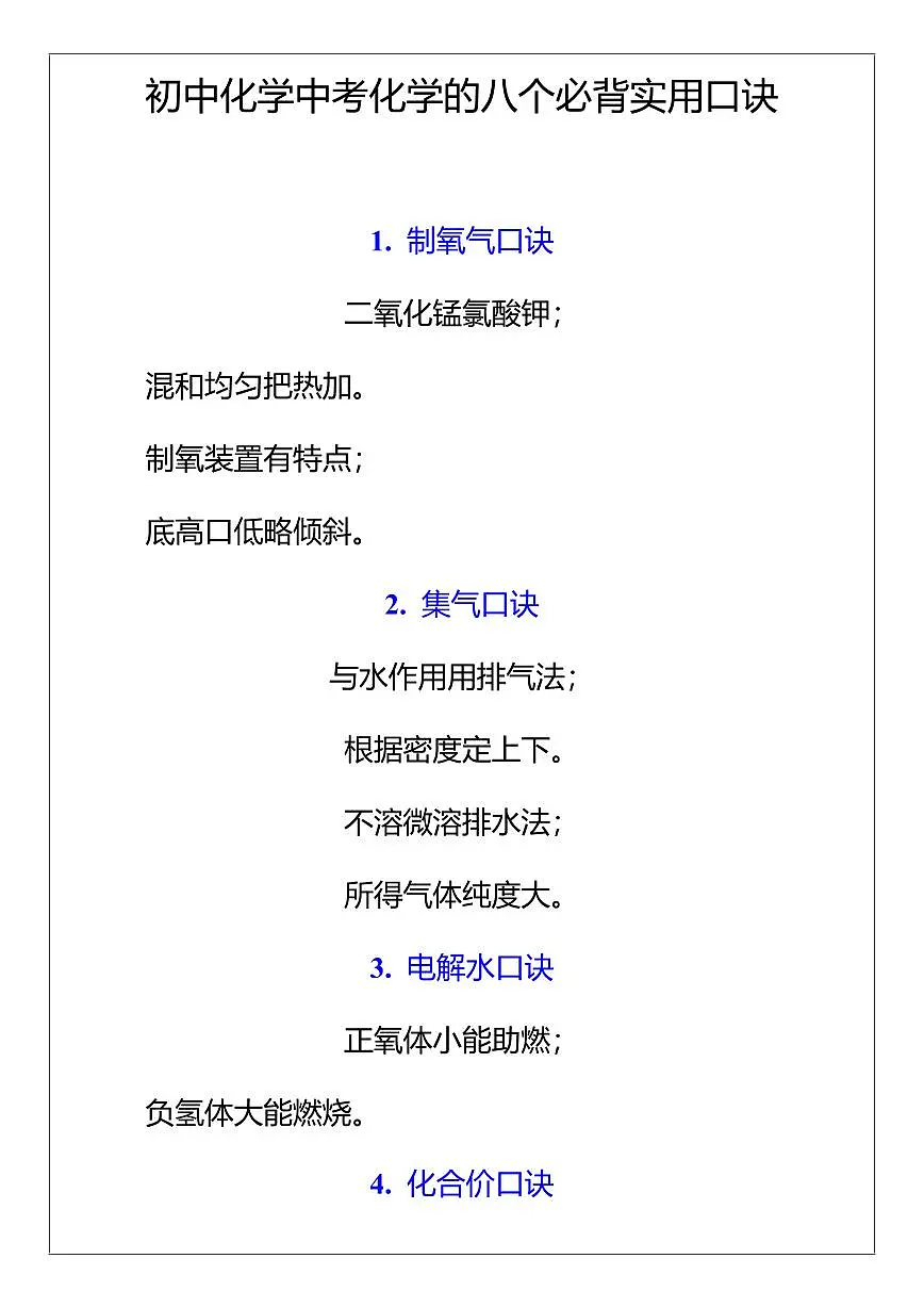 中考第一轮复习中考化学的八个必背实用口诀知识点汇总第1页