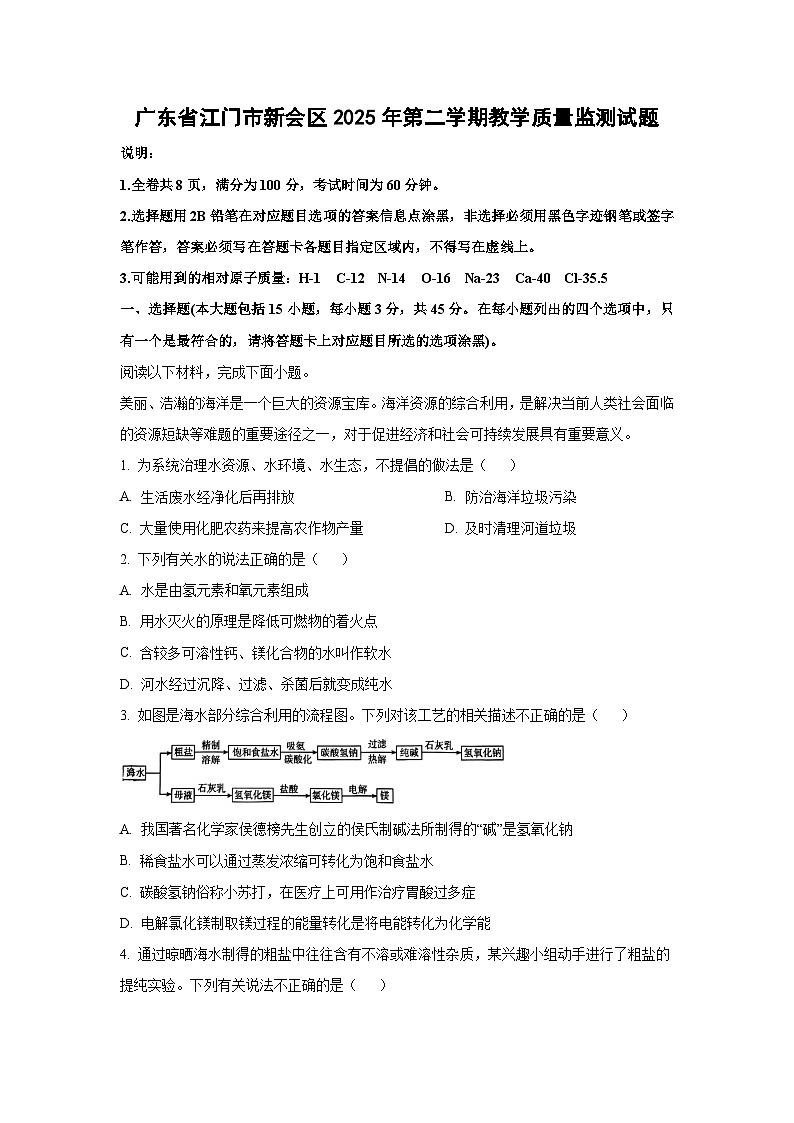 广东省江门市新会区2025年九年级下第二学期教学质量监测化学试题（解析版）第1页