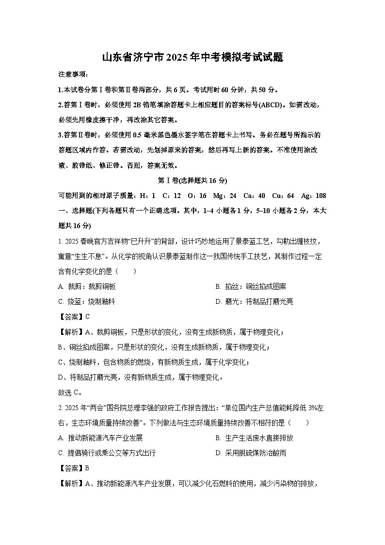 山东省济宁市2025年中考模拟考试化学试题（解析版）第1页