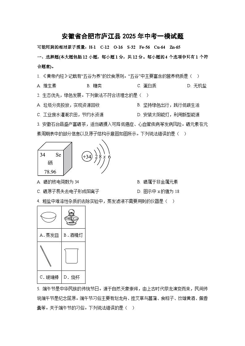 安徽省合肥市庐江县2025年中考化学一模试题（学生版）第1页