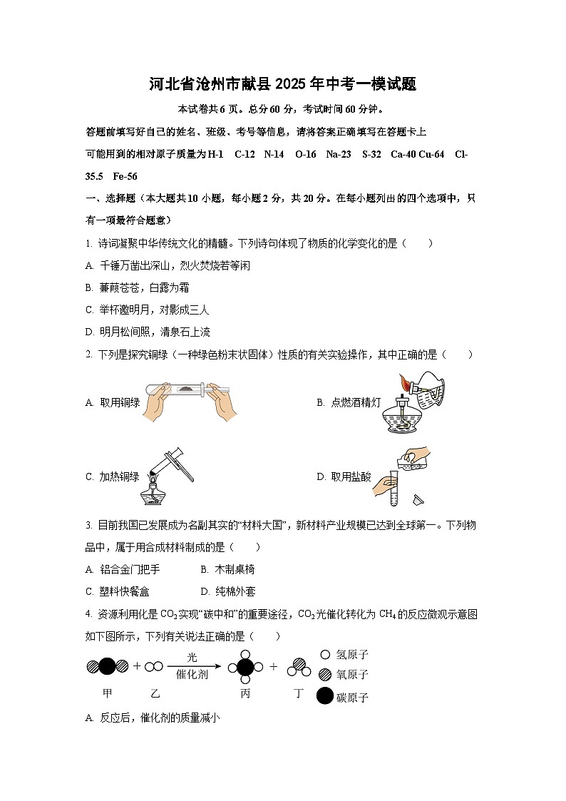 河北省沧州市献县2025年中考化学一模试题（学生版）第1页