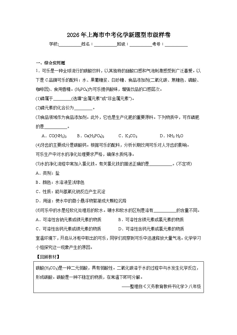 2026年上海市中考化学新题型市级样卷（附答案解析）第1页