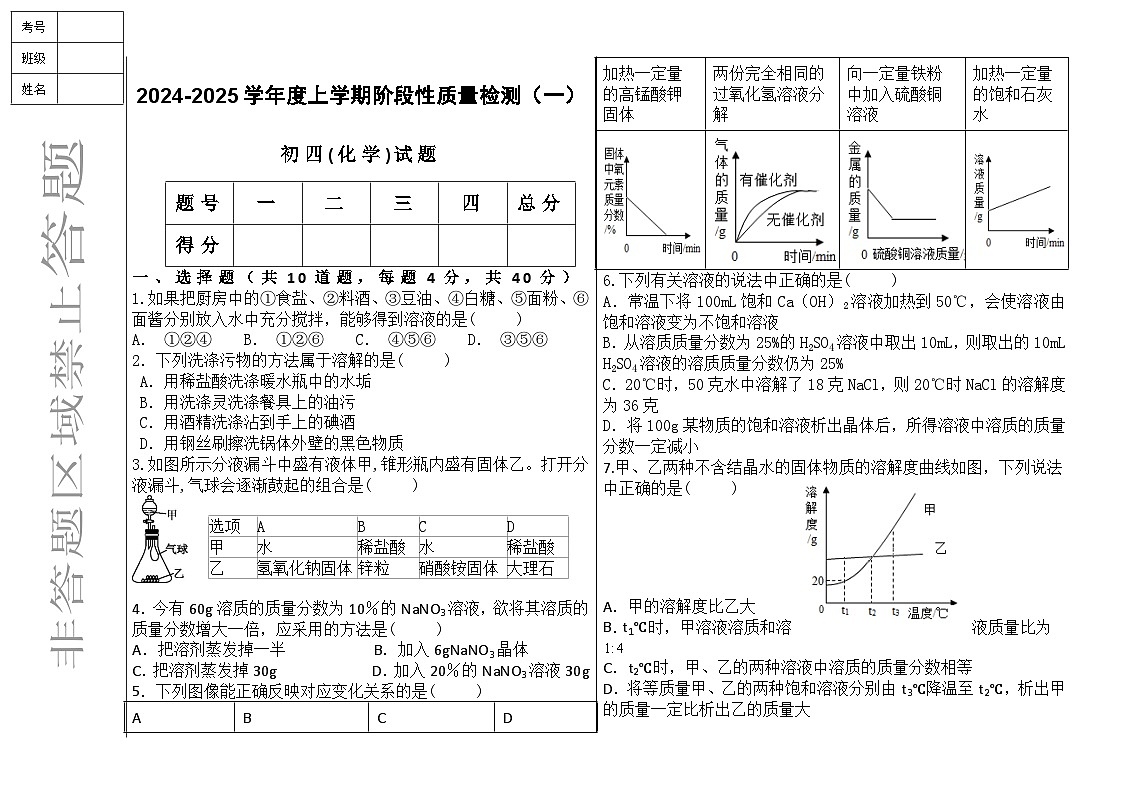 初四化学试卷第1页