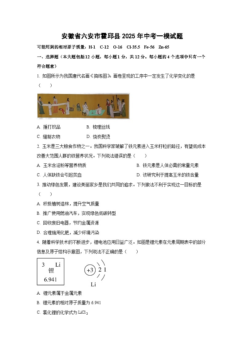 安徽省六安市霍邱县2025年中考一模化学试卷（学生版）第1页
