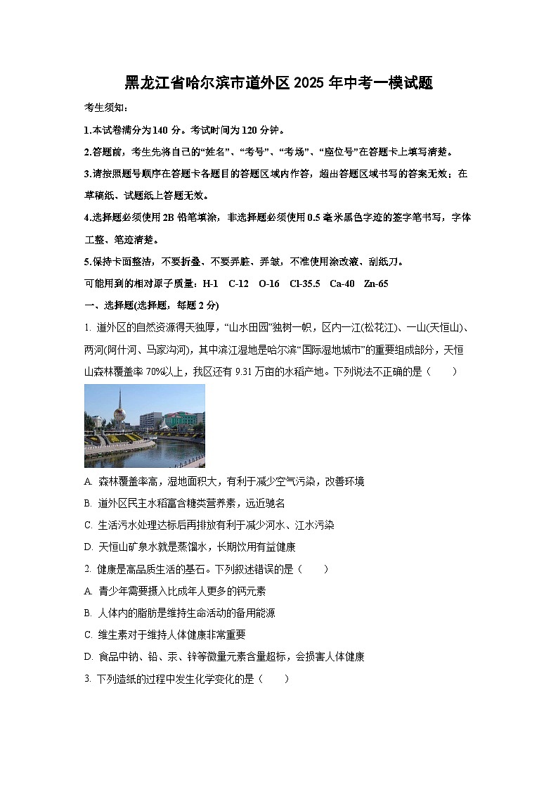 黑龙江省哈尔滨市道外区2025年中考一模化学试卷（学生版）第1页