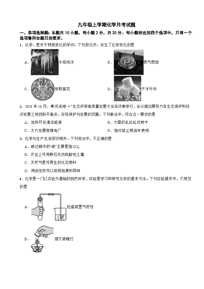 山东省济南市2025年九年级上学期月考化学月考试题附答案第1页