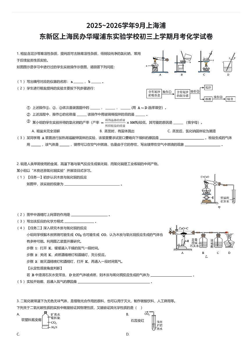 2025~2026学年9月上海浦东新区上海民办华曜浦东实验学校初三上学期月考化学试卷（有答案解析）第1页
