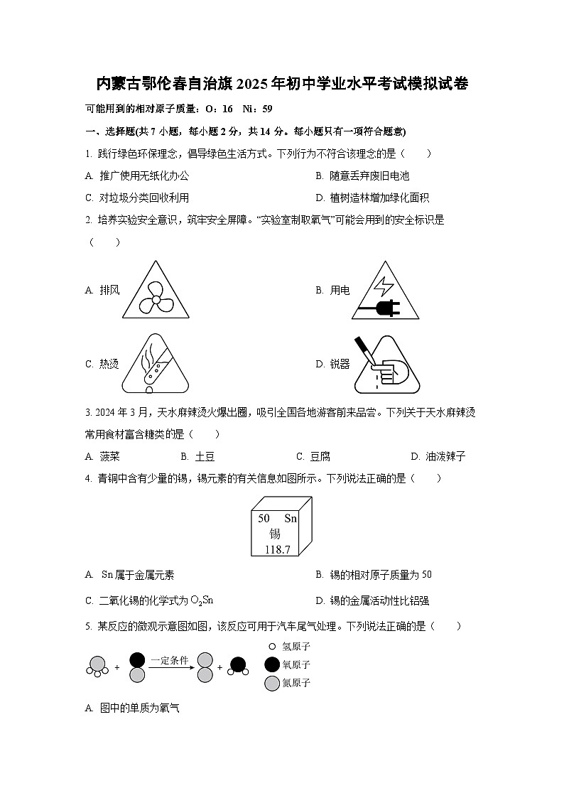 内蒙古鄂伦春自治旗2025年初中学业水平考试模拟化学试卷（学生版）第1页