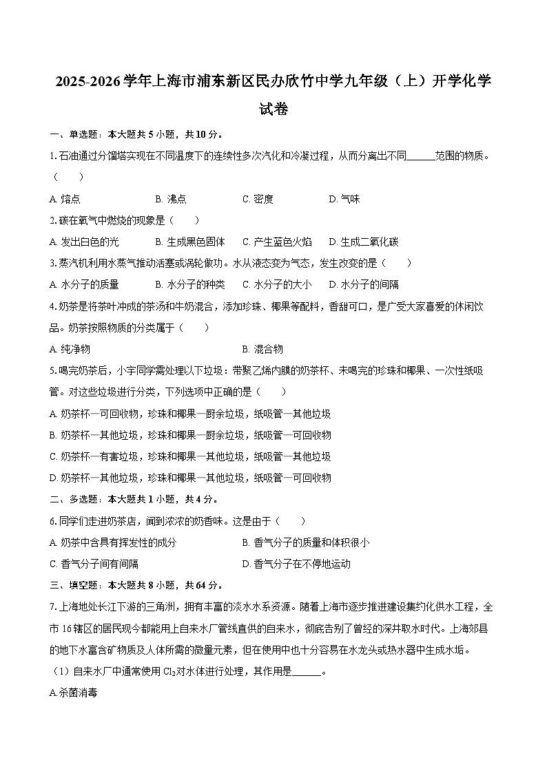 2025-2026学年上海市浦东新区民办欣竹中学九年级（上）开学化学试卷-自定义类型第1页