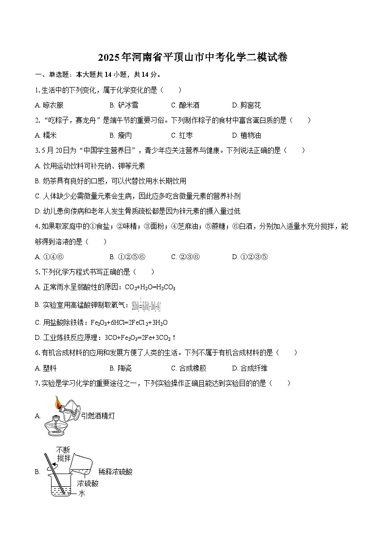 2025年河南省平顶山市中考化学二模试卷-自定义类型第1页