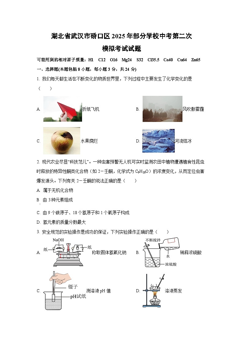 湖北省武汉市硚口区2025年部分学校中考第二次模拟考试化学试卷（学生版）第1页