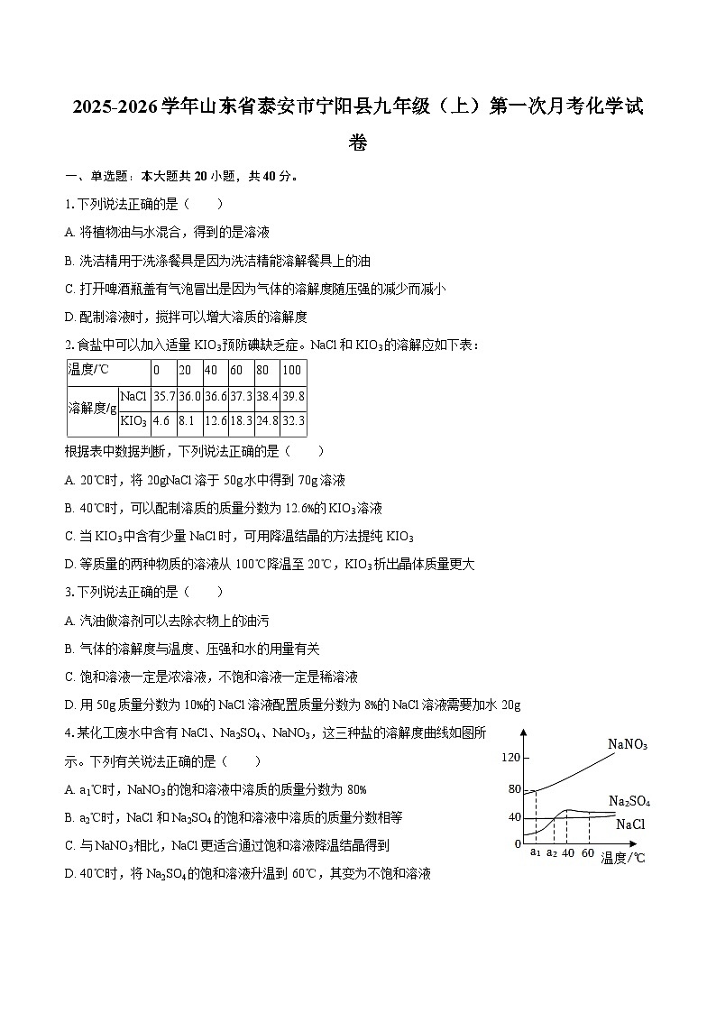2025-2026学年山东省泰安市宁阳县九年级（上）第一次月考化学试卷-自定义类型第1页