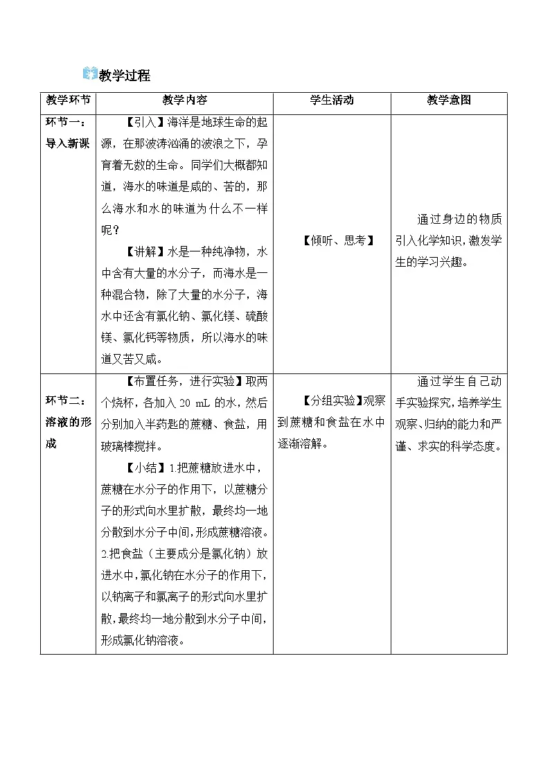 2026年春人教版九年级化学下册 课题1 溶液及其应用 教学设计第2页