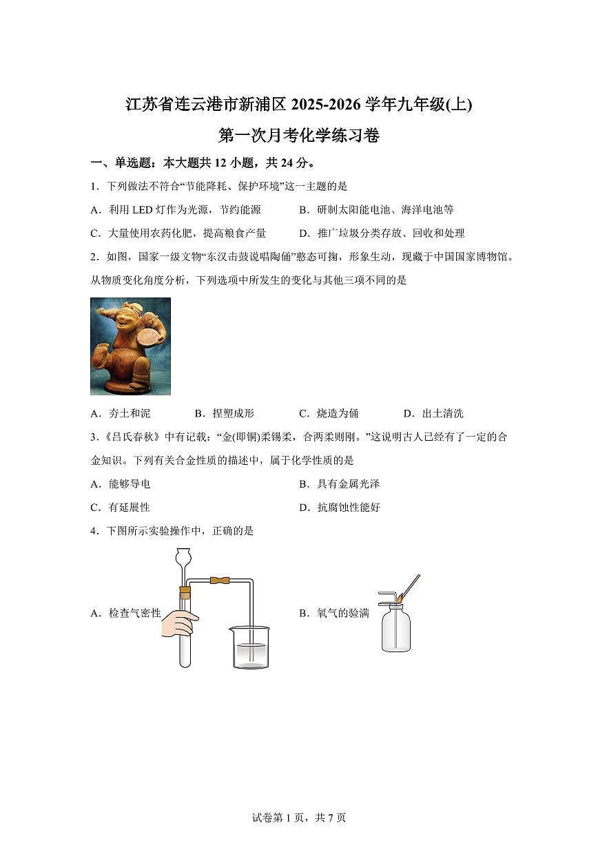 江苏省连云港市新浦区2025~2026学年九年级上册第一次月考化学检测试题（含答案）第1页