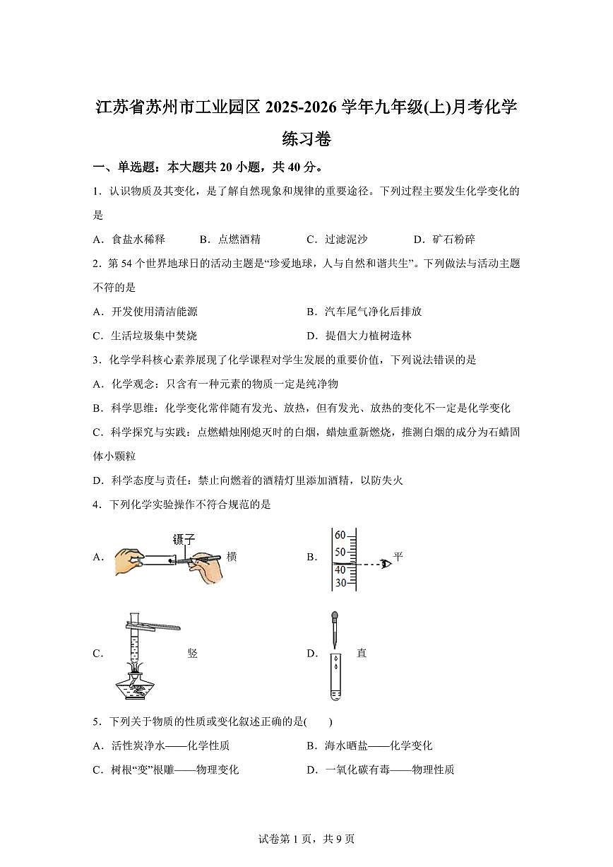 江苏省苏州市工业园区2025~2026学年九年级上册月考化学检测试题（含答案）第1页