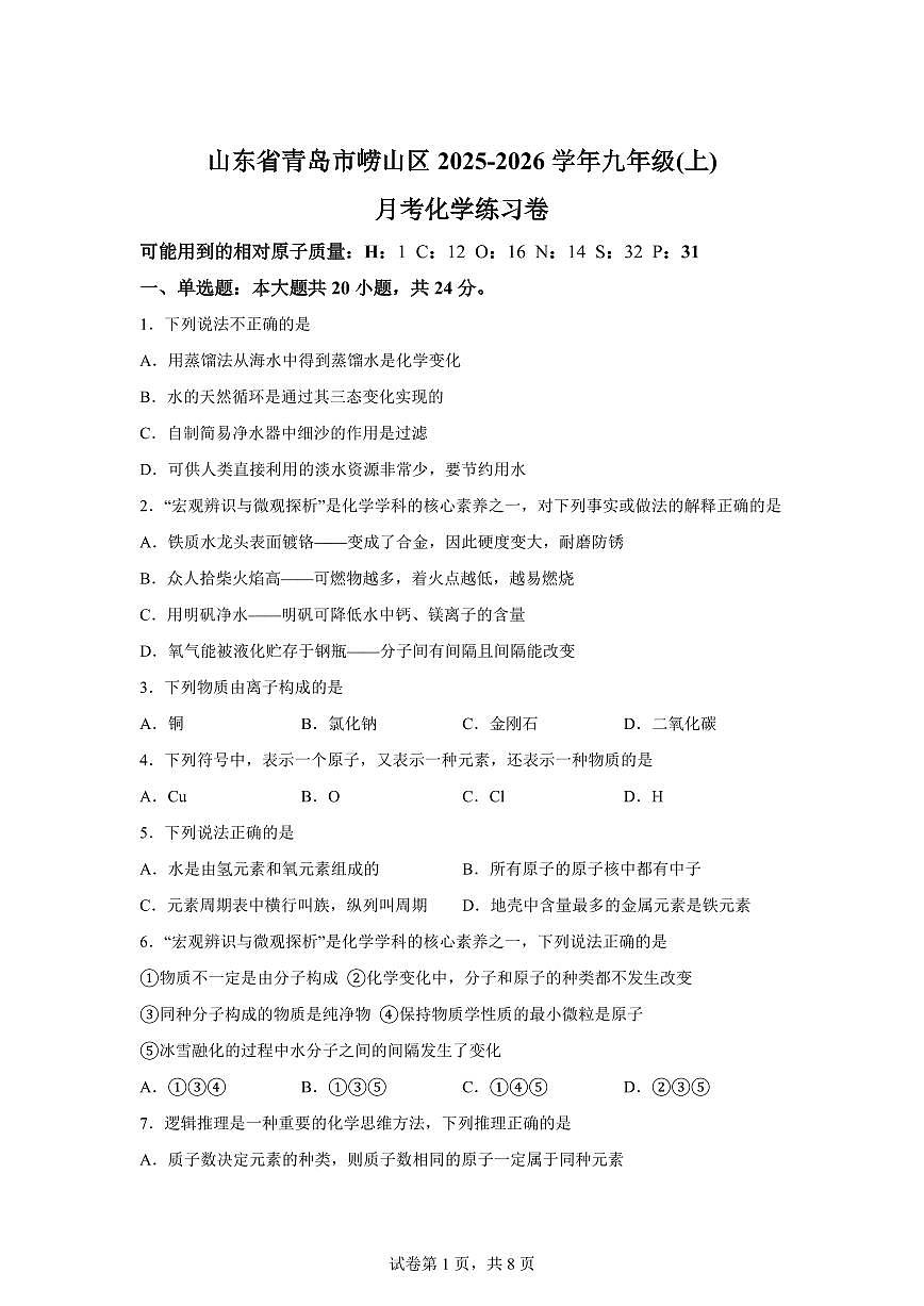 山东省青岛市崂山区2025~2026学年九年级上册月考化学检测试题（含答案）第1页